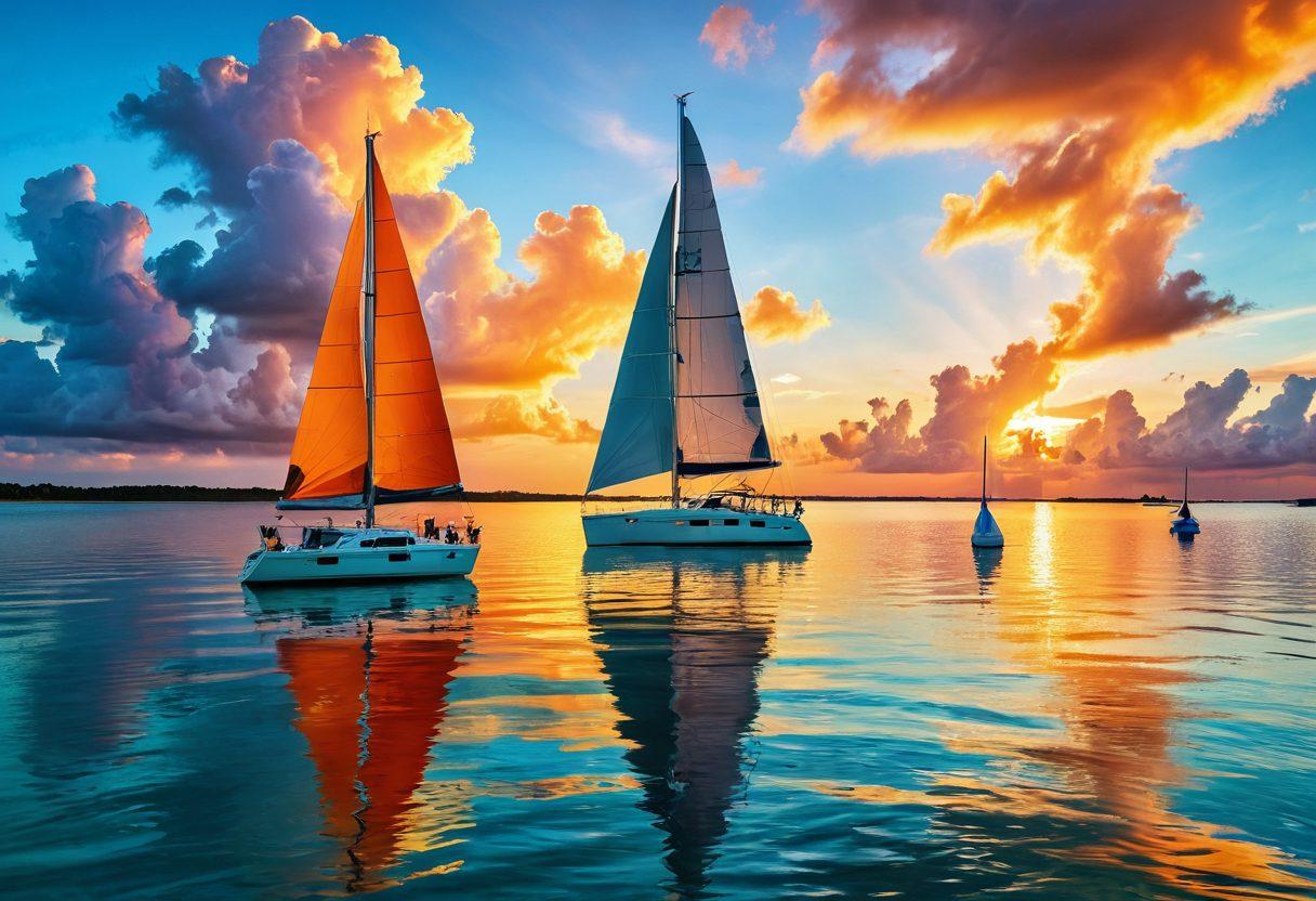 A stunning yacht sailing across calm turquoise waters, with a vivid sunset reflecting off the surface. Surrounding the yacht are watercrafts of various sizes, highlighting diversity in insurance coverage. Include a gentle splash of waves and buoy markers in the foreground. The sky should be filled with clouds painted in warm hues, suggesting an adventurous spirit. super-realistic. vibrant colors. serene atmosphere.