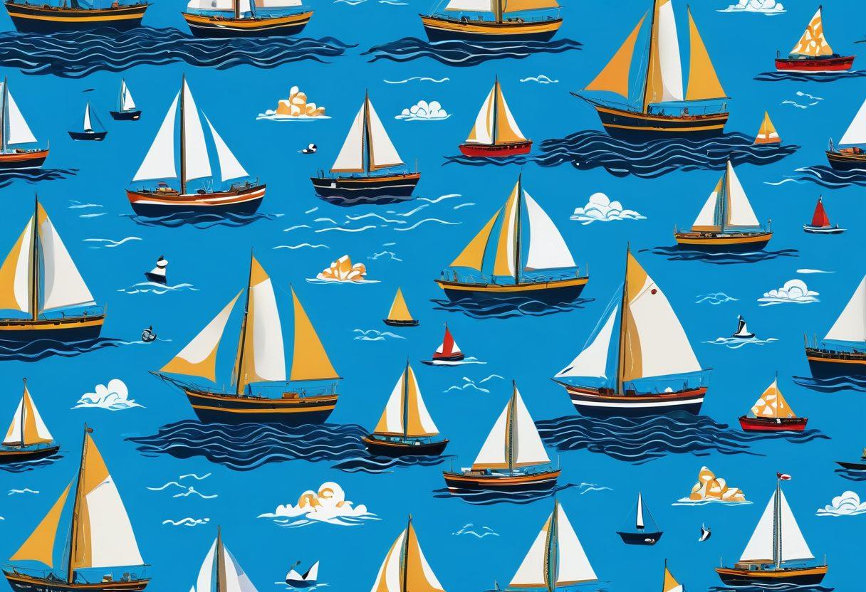 A serene maritime landscape featuring various types of vessels including sailboats, yachts, and cargo ships, under a sunny blue sky. Incorporate visual elements of insurance symbols like shields or paperwork subtly blended in the waves, highlighting the theme of protection. Add a diverse group of happy voyagers enjoying their journey on the boats to evoke a sense of adventure and security. The colors should be vibrant and uplifting, capturing the essence of exploration. super-realistic. vibrant colors.