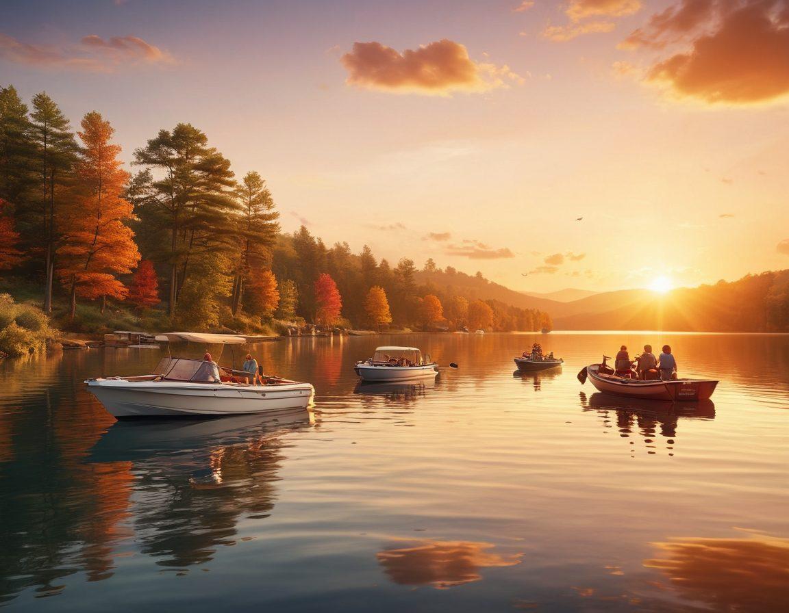 A serene lakeside scene showcasing a diverse group of recreational boats at sunset, with a family joyfully enjoying a boat ride, and another boat secured with life jackets. Overlay subtle icons of insurance documents and shields to symbolize protection. Beautiful rippling water reflecting warm colors of the sky, creating a sense of adventure and safety. super-realistic. vibrant colors. 3D.